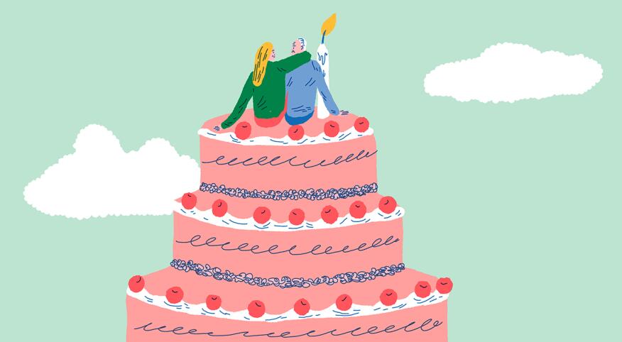 illustration of couple sitting on top of birthday cake, growing old together, marriage
