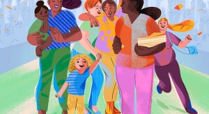 illustration of mother with her mom friends and children by eugenia mello