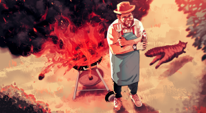 Humorous illustration of man at a grill with a calm expression while the steak is engulfed in fire 