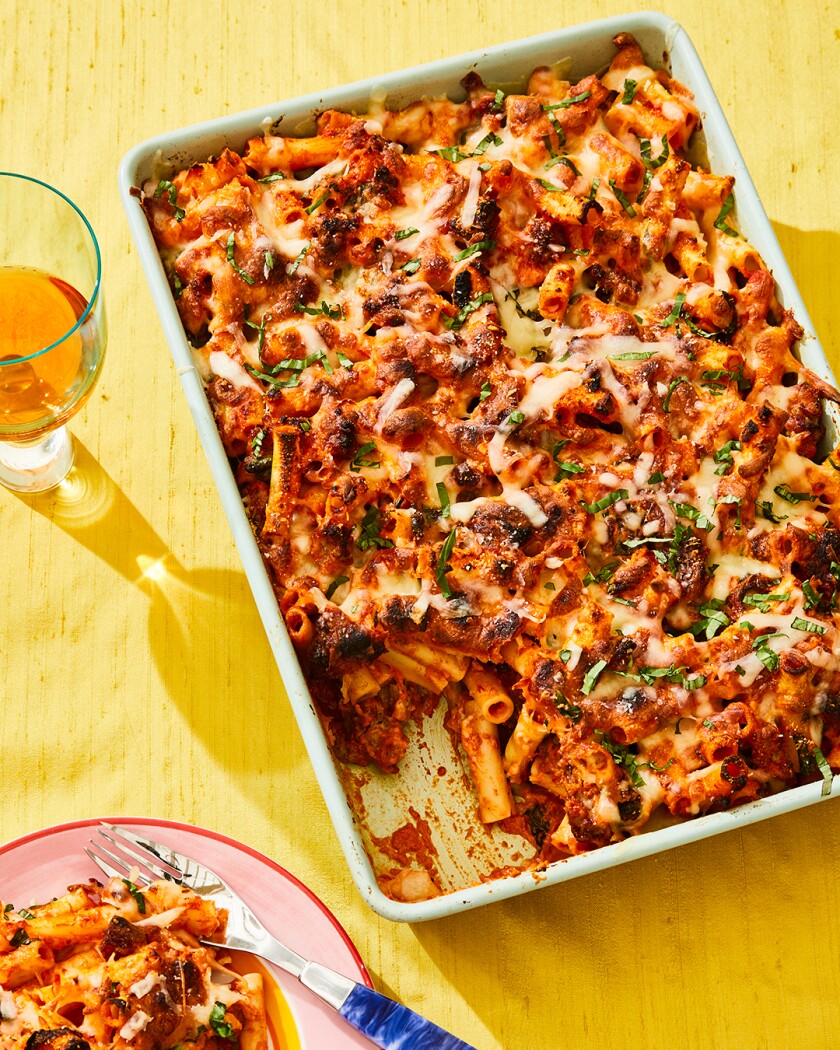 Jenn Segal’s Baked Ziti from above on a yellow background