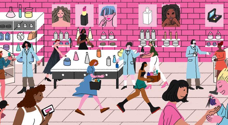 illustration of women in beauty store trying on different products
