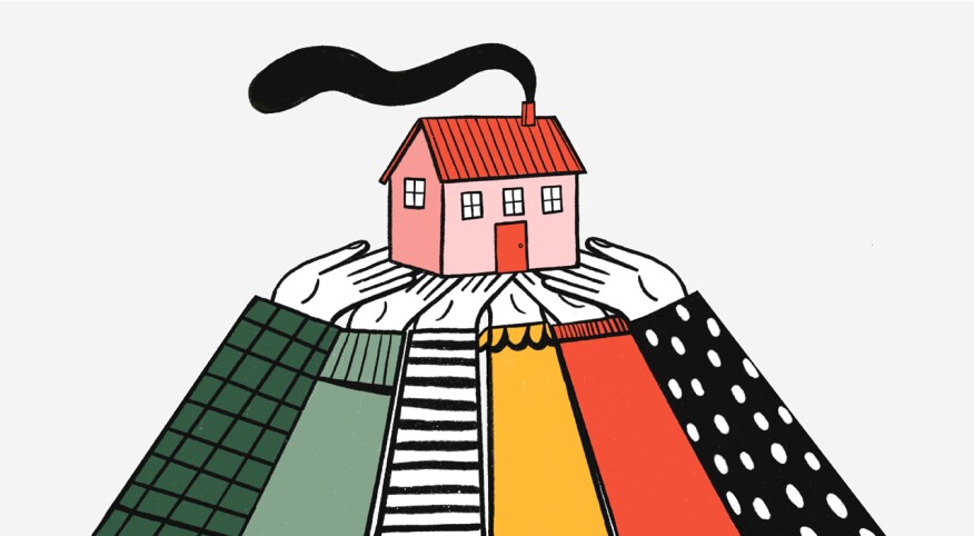 illustration of multiple hands holding up an orange house, cleaning, downsizing, organizing