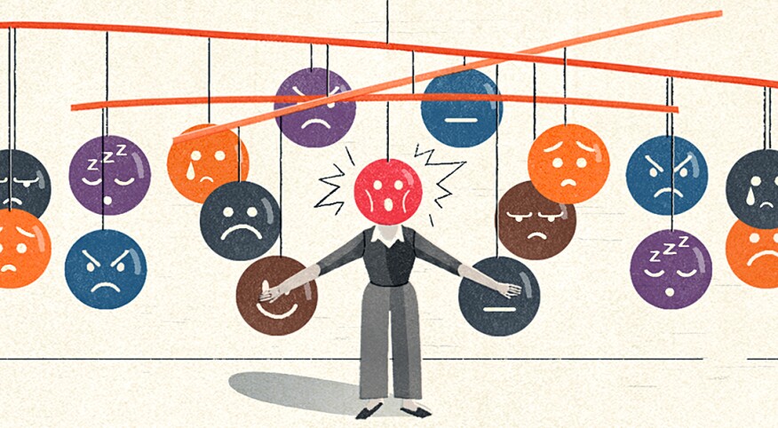 illustration of different negative emotions circling around lady because of perimenopause