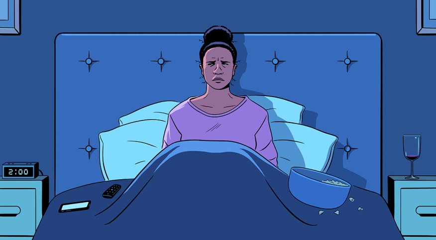 illustration of irritated woman sitting up on bed struggling to sleep