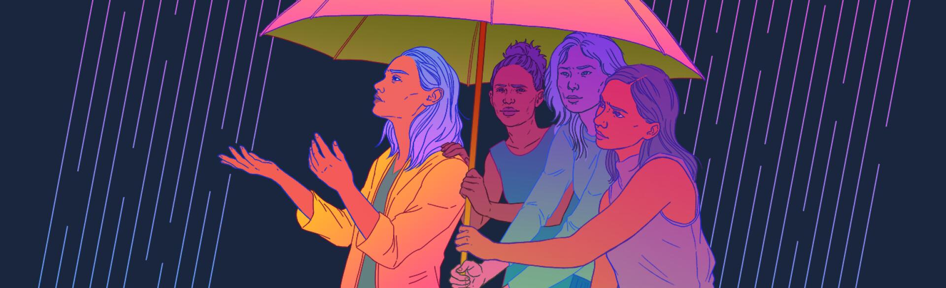 illustration of friends sheltering friend with umbrella from the storm