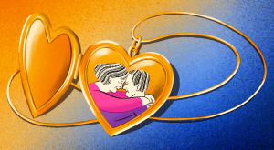 illustration of open, gold heart necklace with photo of couple inside
