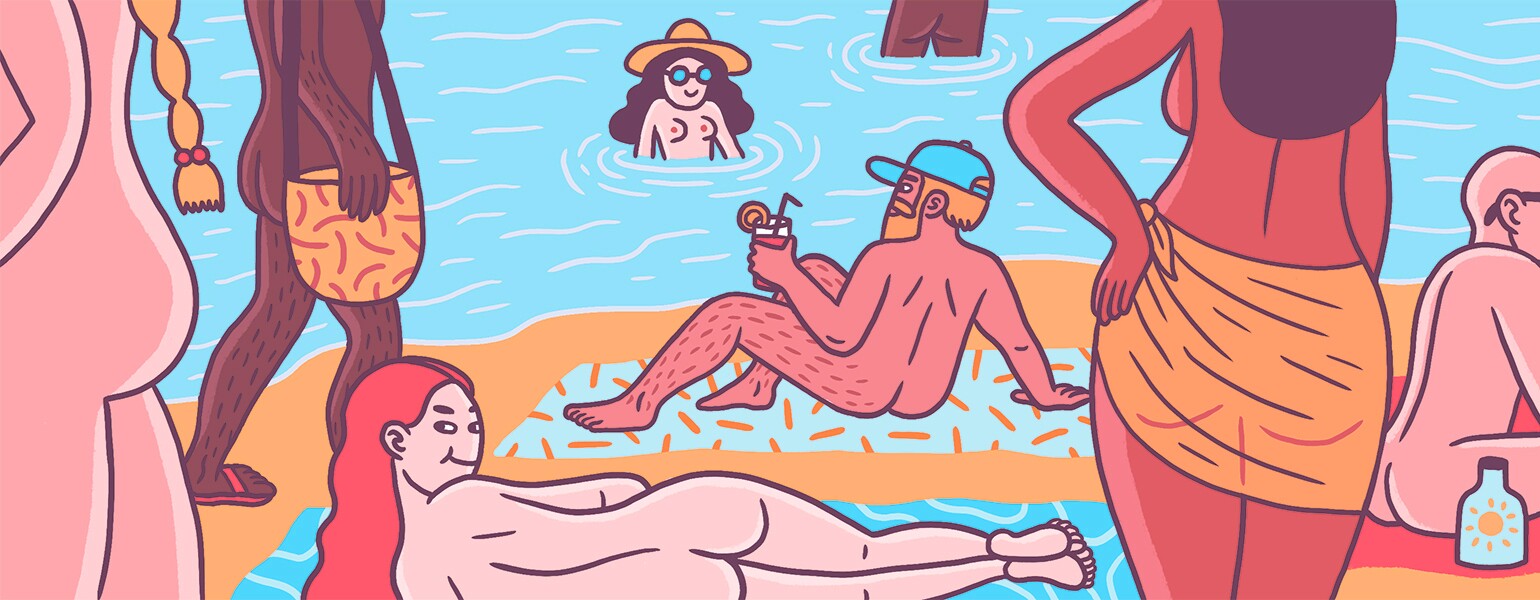 An illustration of several people at the beach on a naked vacation.