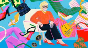 illustration of woman sitting on a chair surrounded by clothing items