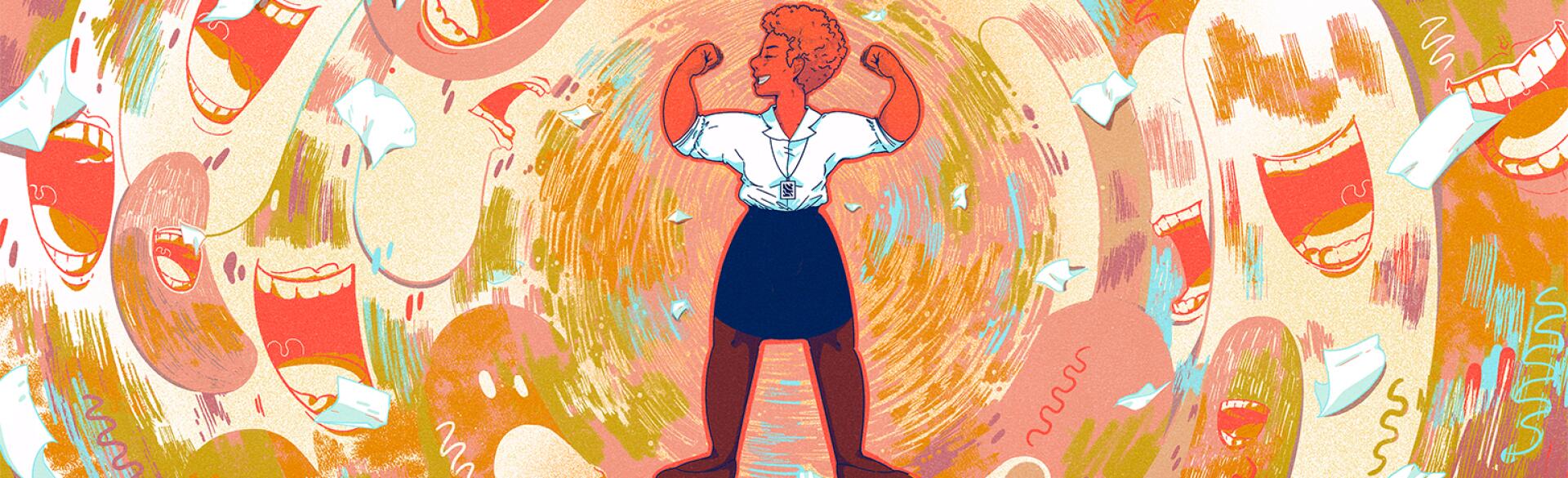 illustration of lady surrounded by talking mouths by islenia mil