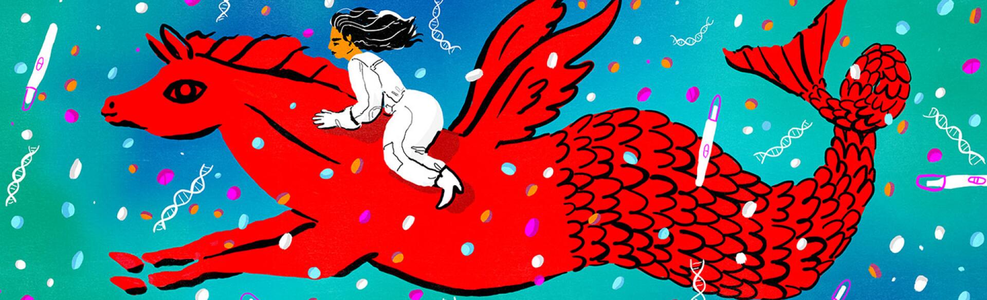 illustration of a woman riding on a mythical creature surrounded by pregnancy tests and dna