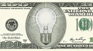 illustration of one hundred dollar bill with lightbulb in the center, money