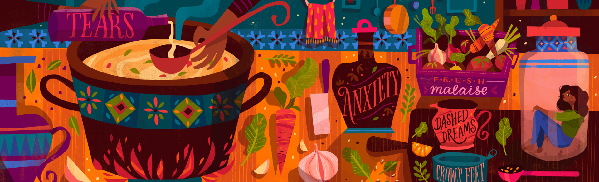 illustration of lady cooking a midlife crisis recipe