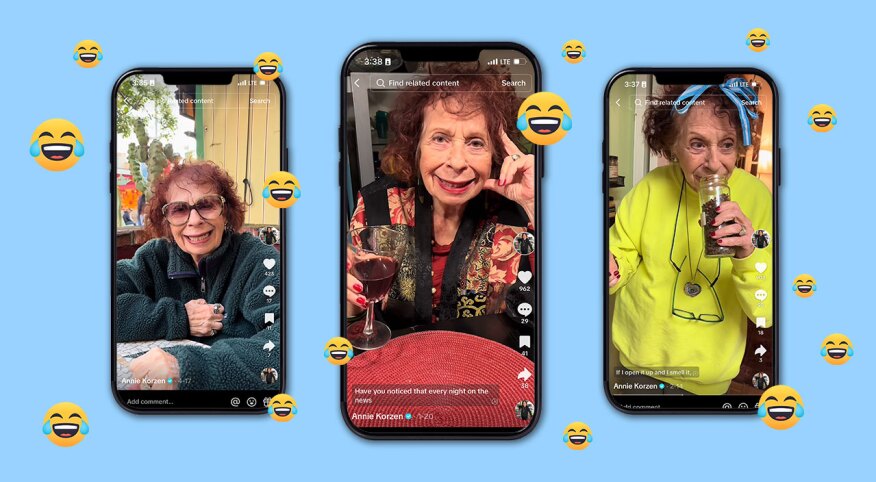 photo collage of 3 iphones with tik tok screenshots of Annie Korzen