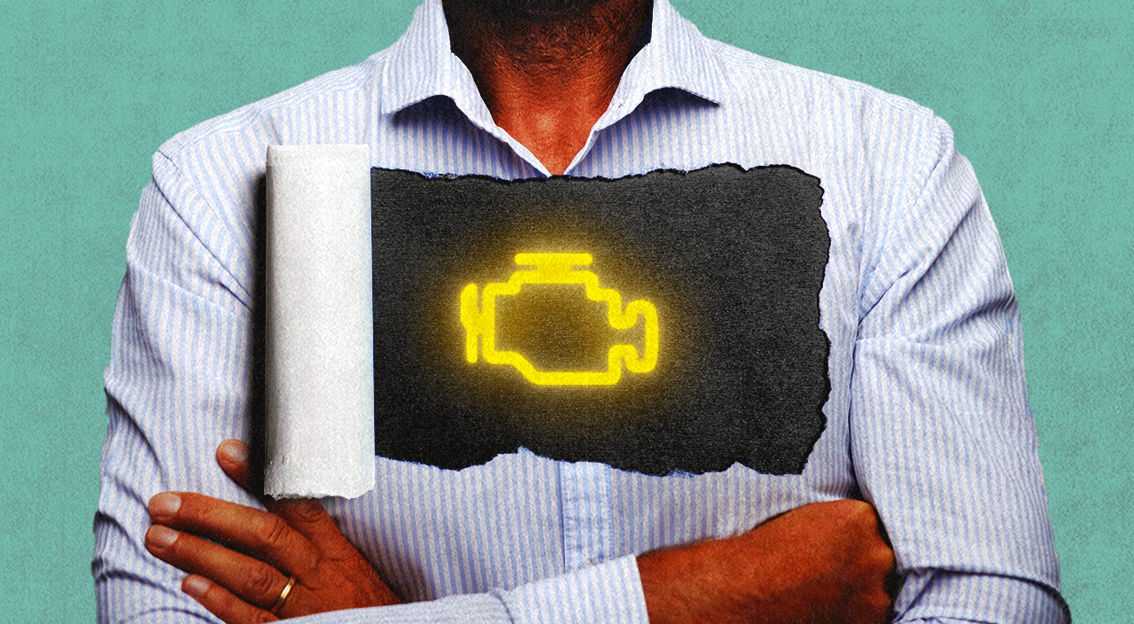 Photo illustration of man with oil tank outline on chest