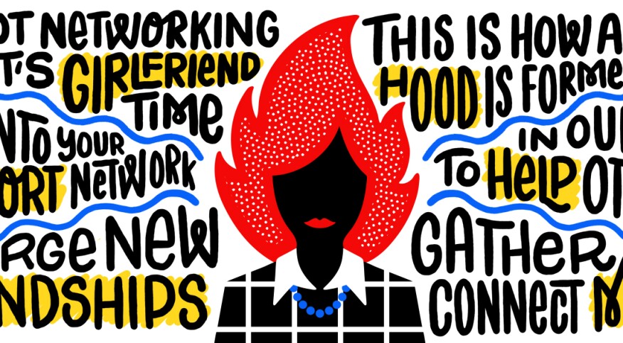 illustration of woman with blazing red hair and networking words surrounding
