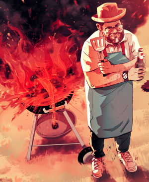 Humorous illustration of man at a grill with a calm expression while the steak is engulfed in fire 
