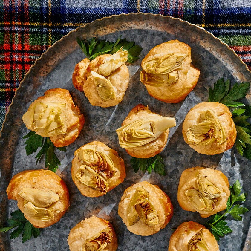 View of four easy appetizers with wintery plaid background