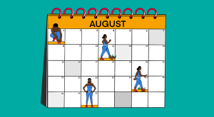 illustration of august calendar with woman planning workouts and exercise routines