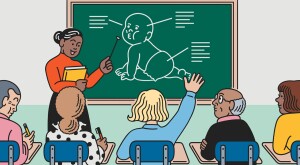 illustration of woman in front of chalkboard with drawing of baby, teaching grandparents