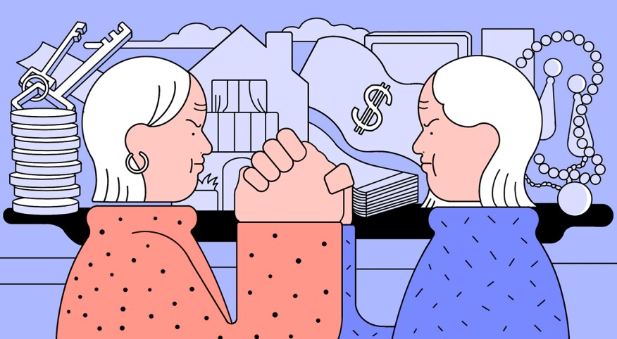 illustration of sisters arm wrestling, sibling rivalry