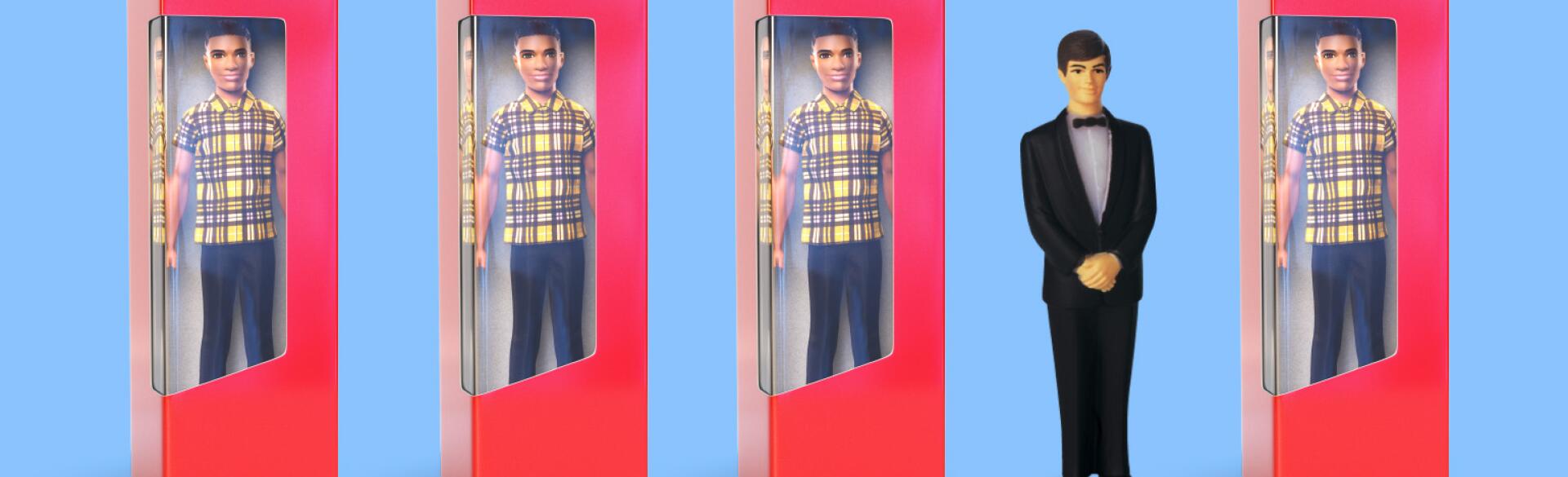 An image of a group of Ken dolls.