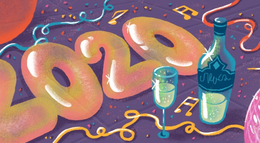 illustration of new years balloons streamers champagne for spotify playlist by charlot kristensen