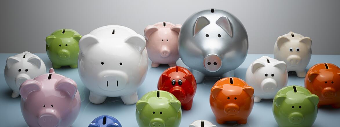 A photo of several piggy banks of various sizes.