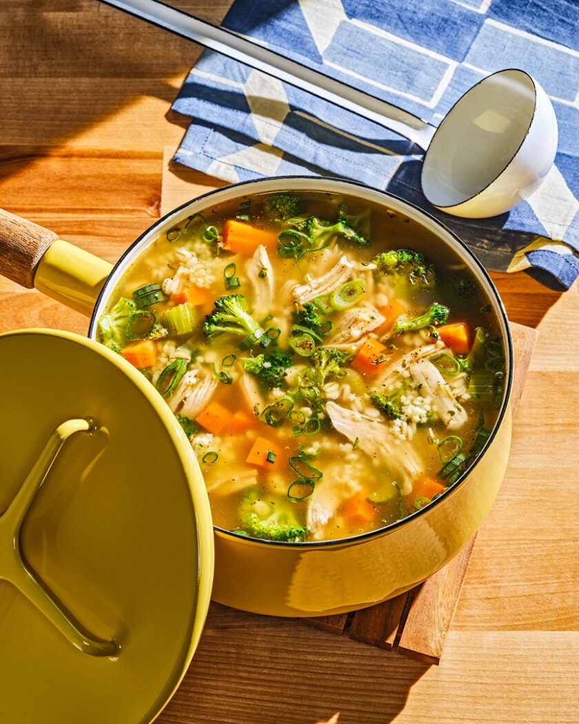 Kris Jenner's Chicken Soup in a large yellow pot