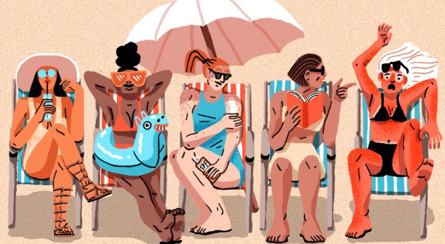 A graphic of five women at the beach.