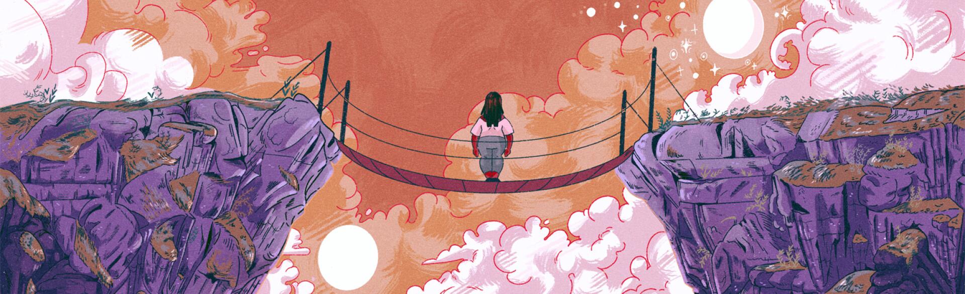 A graphic of a woman standing on a rope bridge alone.