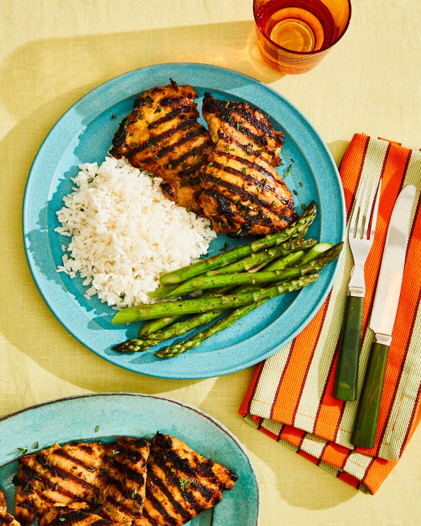 Candy Sagon’s Honey Mustard Chicken Thighs paired with rice and asparagus 