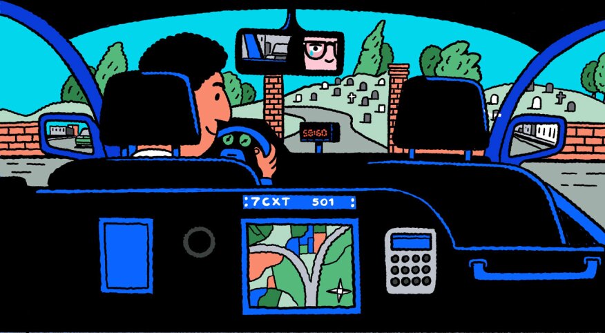 illustration of woman sitting in taxi cab