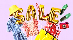 various clothing items with balloons spelling "sale"