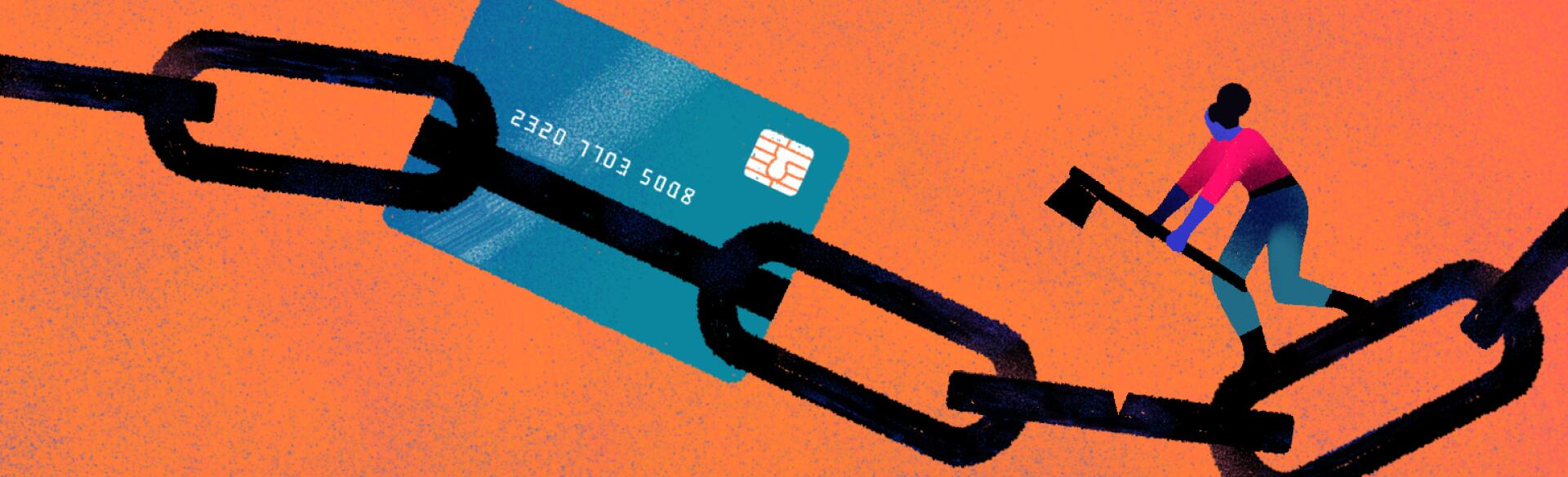 illustration of lady cutting off credit card debt by chiara ghigliazza