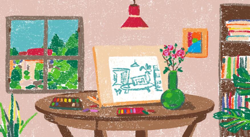 illustration of painting easel with art supplies on table in room