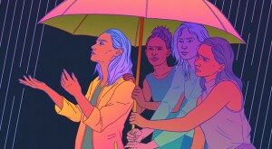 illustration of friends sheltering friend with umbrella from the storm