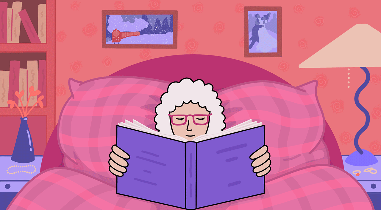 gif illustration of woman reading in bed, reading, healthy brain