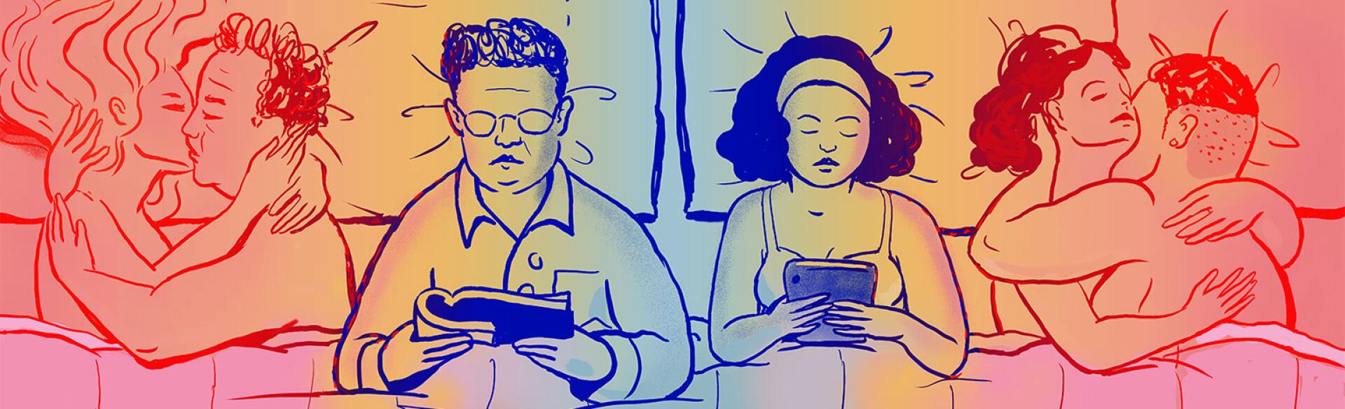 A husband and wife in an open marriage lay side by side in bed, reading. To either side are depictions of them being intimate with other people.