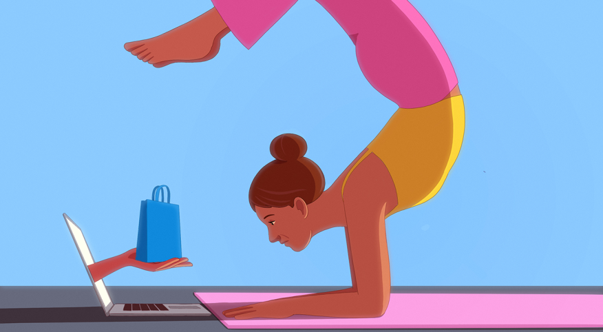 illustration of woman doing yoga as she sees a hand holding a shopping bag coming out of laptop