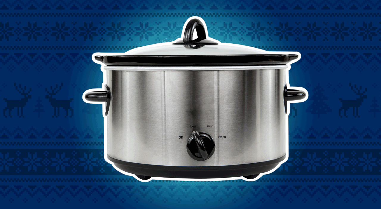 gif photo collage of ingredients surrounded by a crockpot