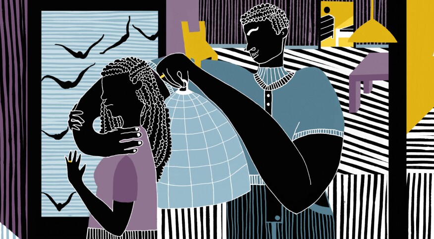 illustration of controlling spouse wrapping his arm around his wife