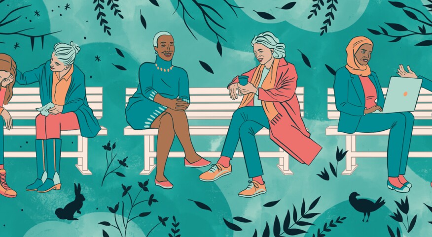 illustration of women sitting on benches with their best friends