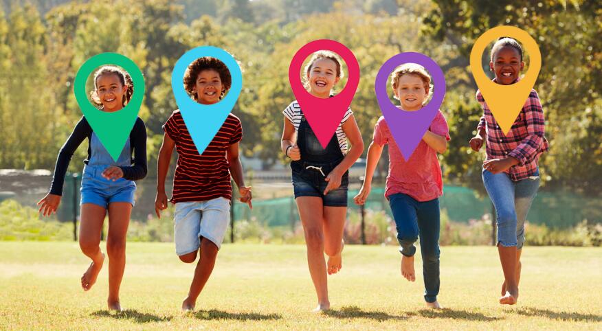 Children running with illustrated tracking device 