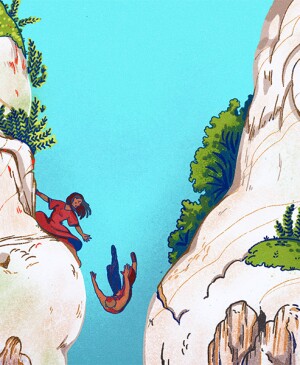 Illustration of a lady trying to reach out to a man who slipped off a mountain