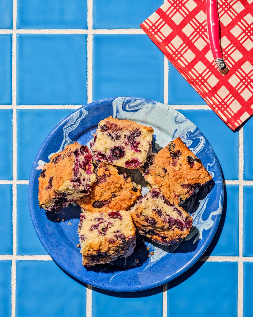 Slices of blueberry buckle from overhead