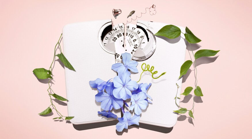 photo concept of broken weight scale with flowers and leaves sprouting from it