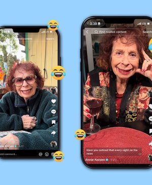 photo collage of 3 iphones with tik tok screenshots of Annie Korzen