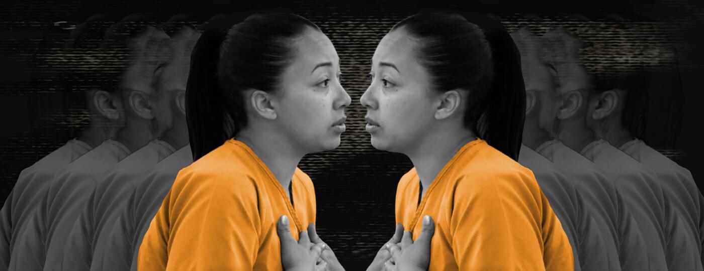 An image of Cyntoia Brown facing herself in an orange prison jumpsuit.