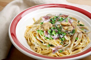mushroom fettucini with an alfredo sauce in a pasta bowl