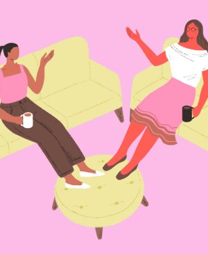 illustration of 3 women sitting on couches and talking